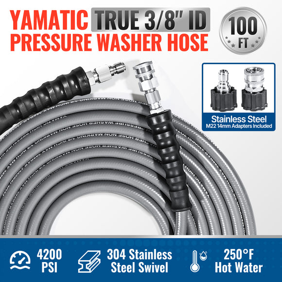 100FT 3/8" Non Marking Rubber Pressure Washer Hose Stainless Steel Connect 4200 PSI