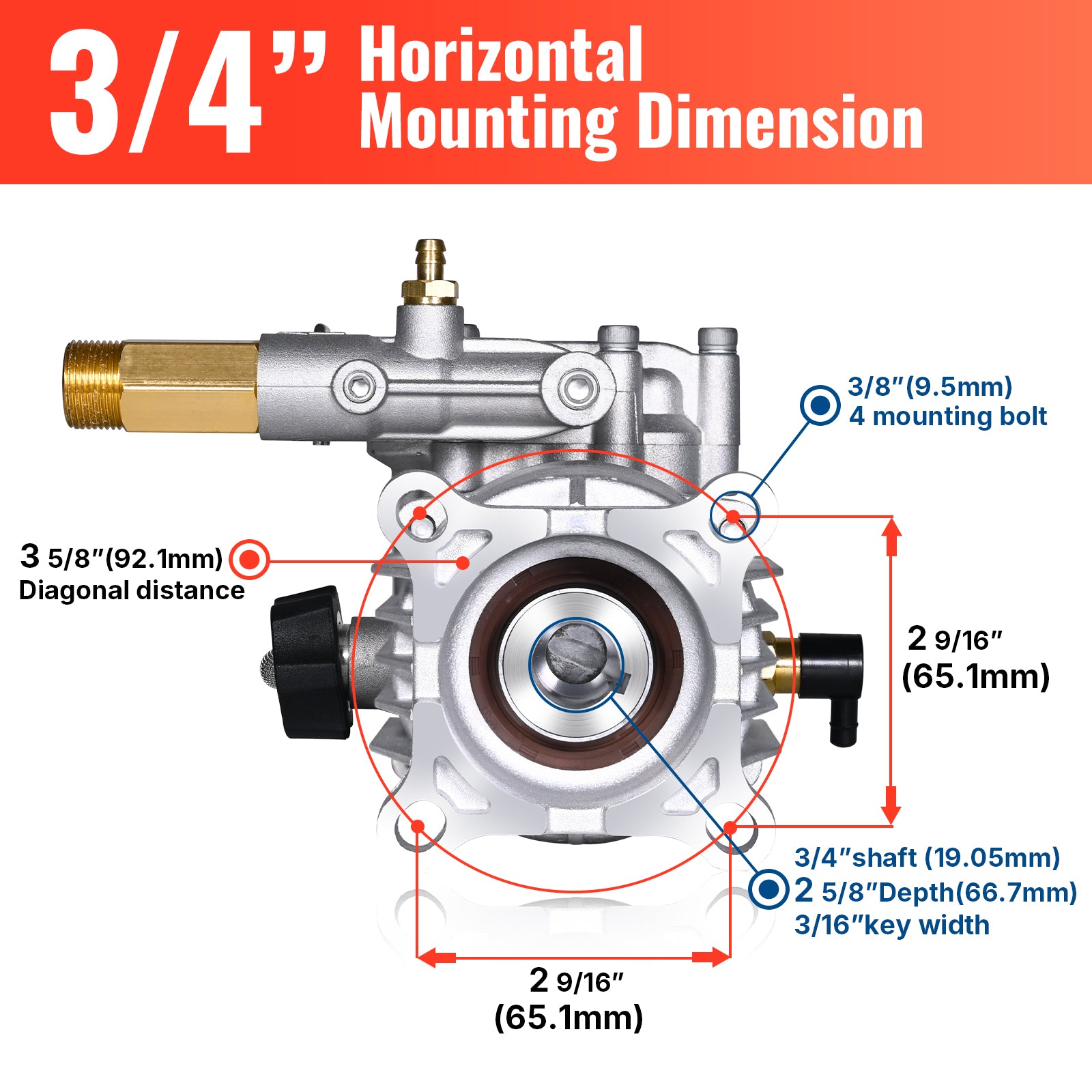 3/4" Shaft Horizontal Pump With Tips 3400 PSI @ 2.5 GPM