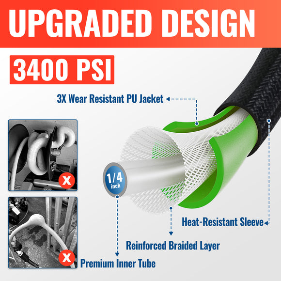 50FT Flexible Pressure Washer Hose With Heat-resistant Sleeve 3400 PSI