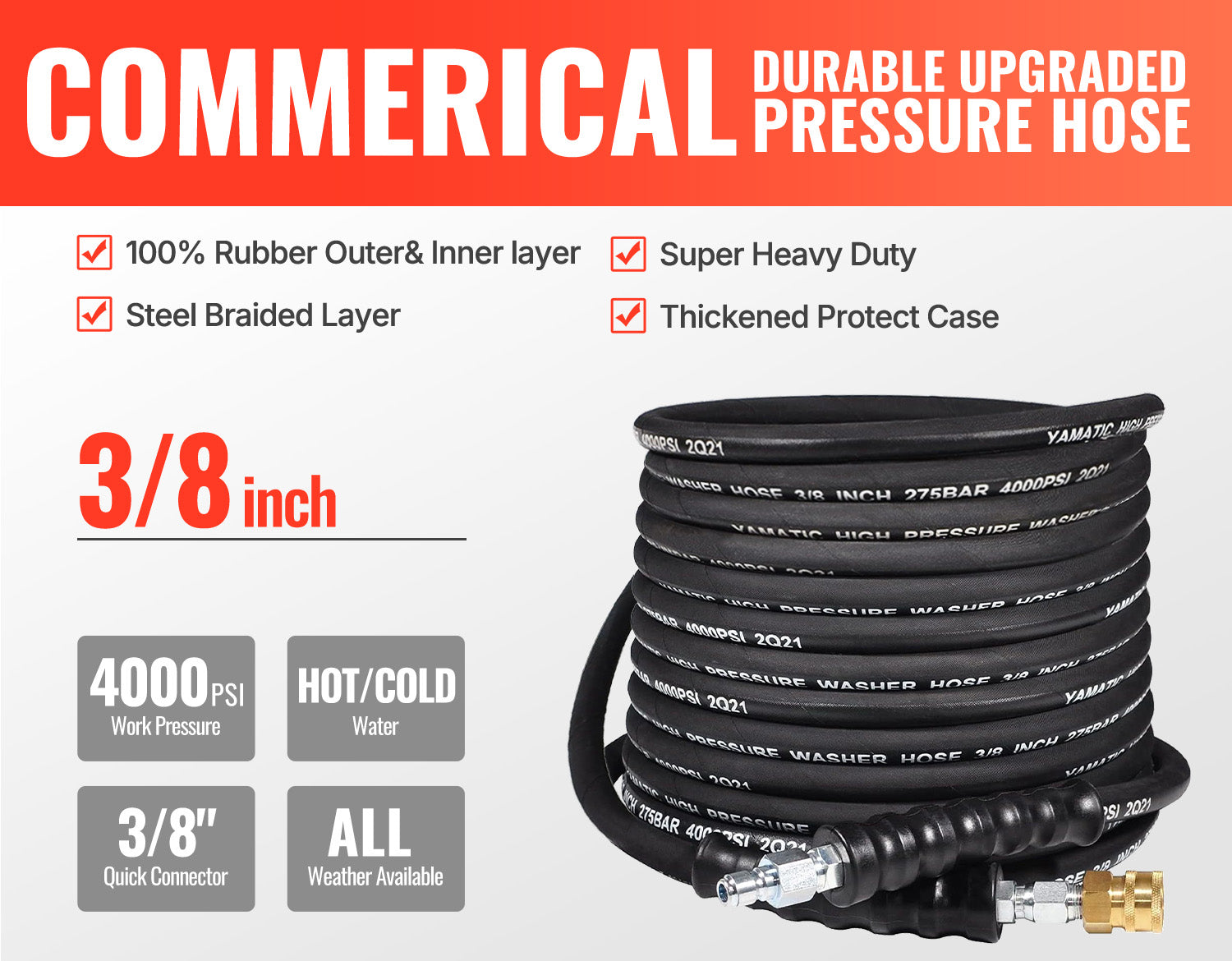 (WS) 3/8" Rubber Pressure Washer Hose 4000 PSI