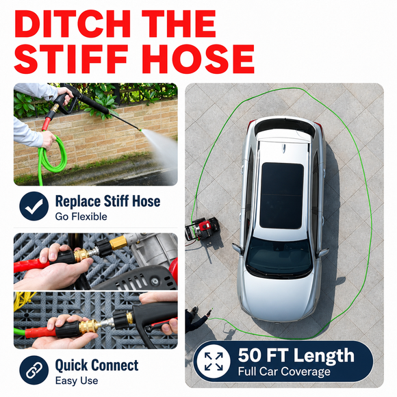 Promotional graphic for a flexible car washing hose with text and images of usage.