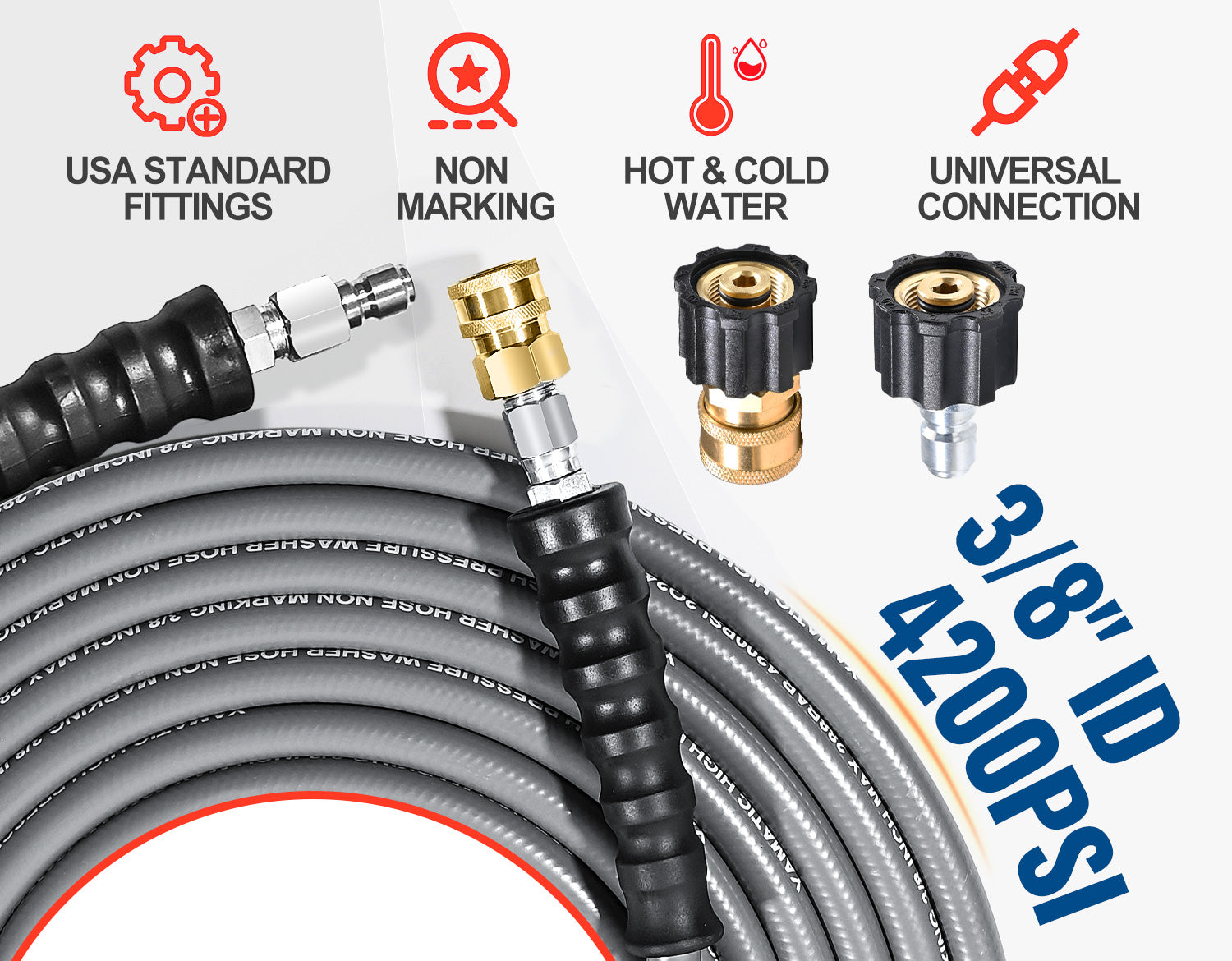 100FT 3/8" Non Marking Rubber Pressure Washer Hose 4200 PSI