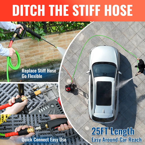 25FT Super Flexible Pressure Washer Hose with Quick Connect 3200 PSI
