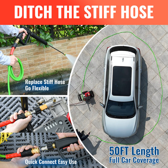 50FT Super Flexible Pressure Washer Hose with Quick Connect 3200 PSI