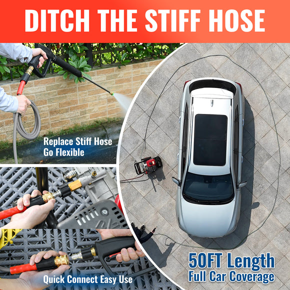 50FT Super Flexible Pressure Washer Hose with Quick Connect 3200 PSI
