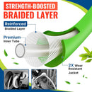 Product advertisement highlighting a reinforced braided layer with green and blue accents.
