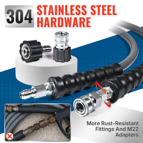 50FT 3/8" Non Marking Rubber Pressure Washer Hose Stainless Steel Connect 4200 PSI