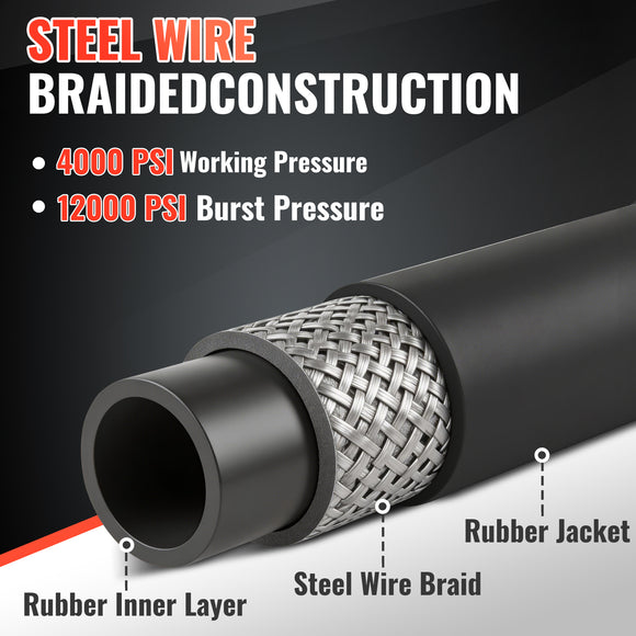 50FT 3/8" Rubber Pressure Washer Hose 4000 PSI