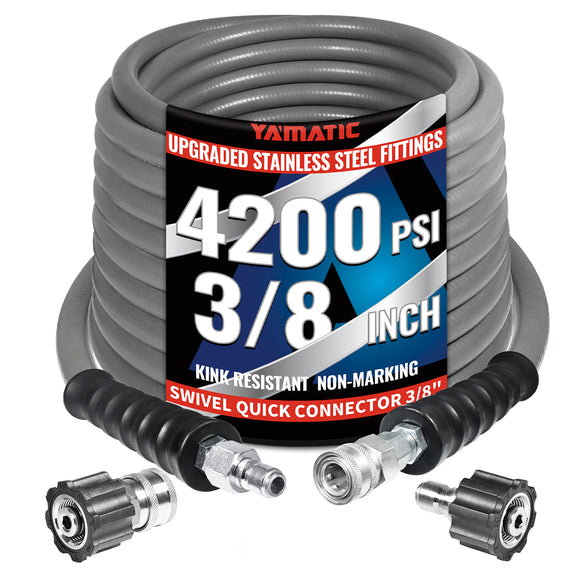 50FT 3/8" Non Marking Rubber Pressure Washer Hose Stainless Steel Connect 4200 PSI