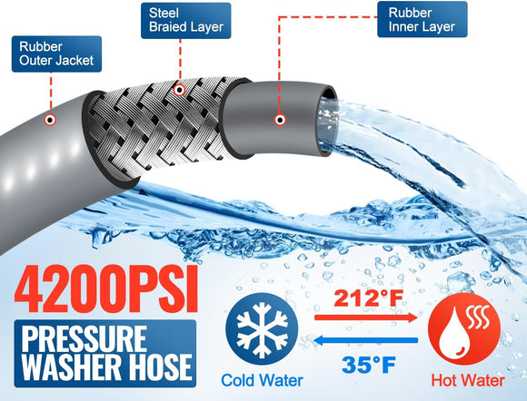 100FT 3/8" Non Marking Rubber Pressure Washer Hose Stainless Steel Connect 4200 PSI