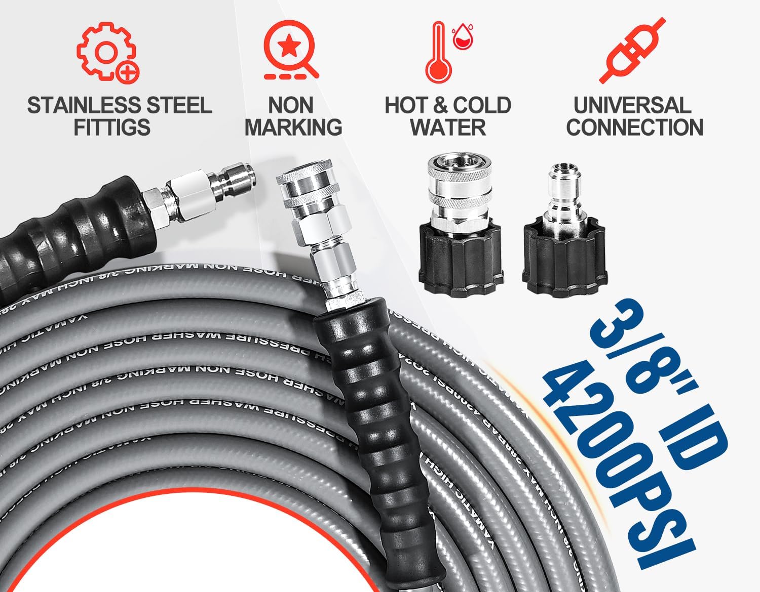 50FT 3/8" Non Marking Rubber Pressure Washer Hose Stainless Steel Connect 4200 PSI
