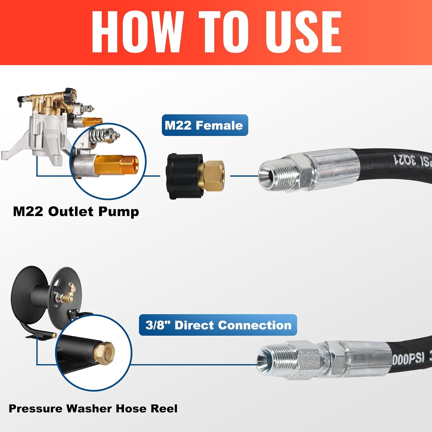 2FT 3/8" Pressure Washer Whip Hose with M22 Adapter 4000 PSI