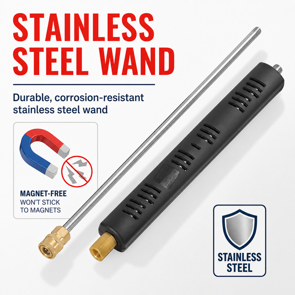 Stainless steel wand with magnet-free feature on a white background