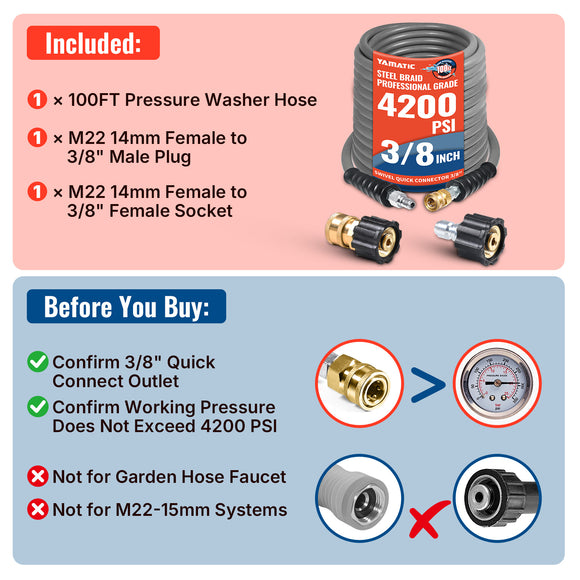 100FT 3/8" Non Marking Rubber Pressure Washer Hose 4200 PSI
