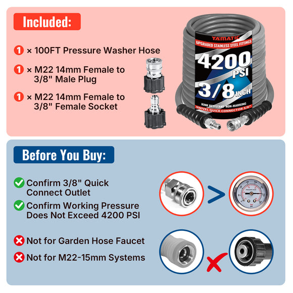 100FT 3/8" Non Marking Rubber Pressure Washer Hose Stainless Steel Connect 4200 PSI