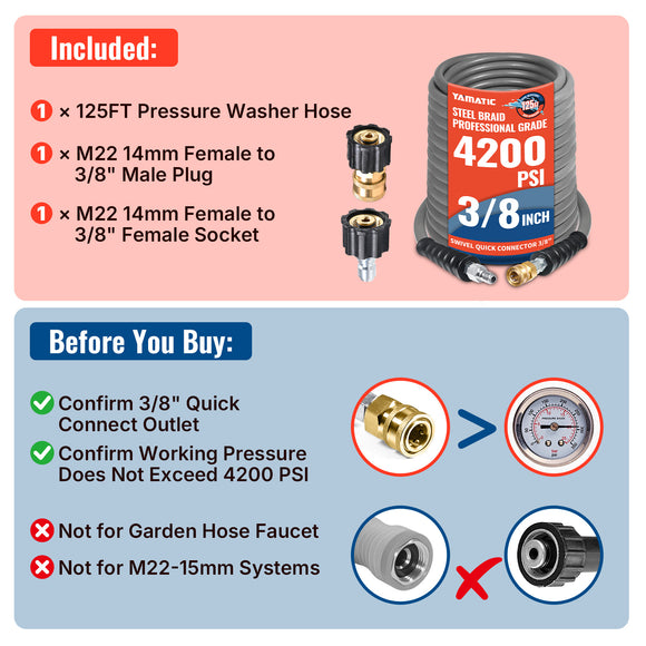 125FT 3/8" Non Marking Rubber Pressure Washer Hose 4200 PSI
