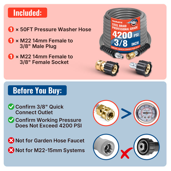 50FT 3/8" Non Marking Rubber Pressure Washer Hose 4200 PSI
