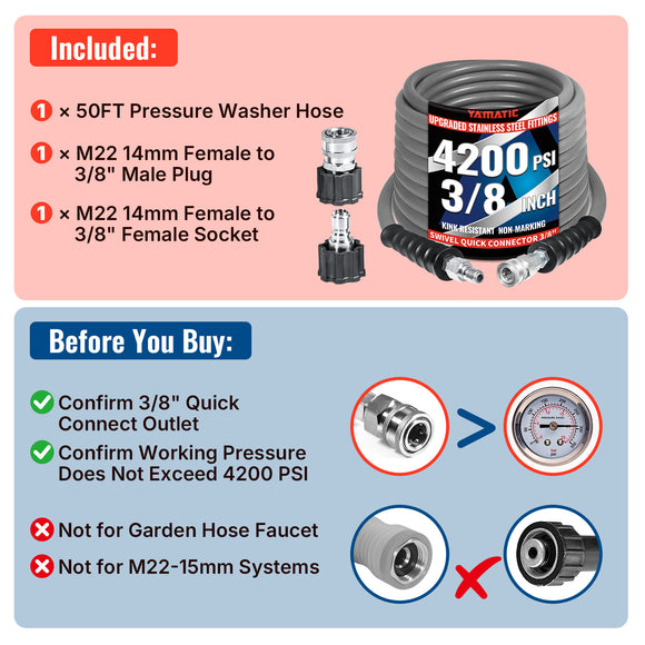 50FT 3/8" Non Marking Rubber Pressure Washer Hose Stainless Steel Connect 4200 PSI