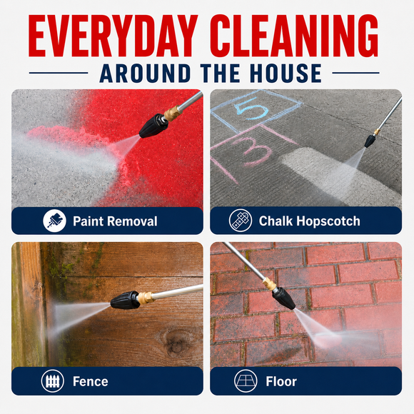 Pressure washer being used for paint removal, chalk hopscotch, fence cleaning, and floor cleaning with text 'Everyday Cleaning Around the House'.