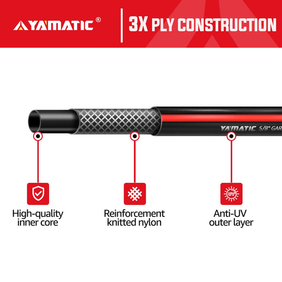 YAMATIC Garden Hose 100 ft,Ultra Durable Water hose, 5/8 inch Regular Hose with Solid Brass Connector for All-weather Outdoor, Car wash, Lawn, Black