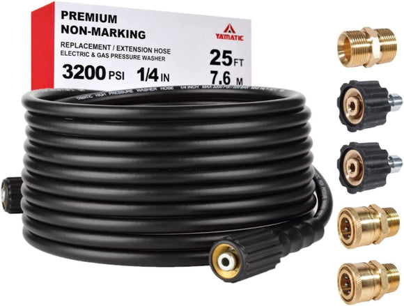 YAMATIC Pressure Washer Hose 25ft Kink Resistant, 1/4" Extension Power Washer Hose with M22 to 3/8" Quick Connect Adapters for Replacement, 3200 PSI