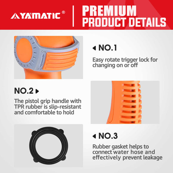 YAMATIC Garden Hose Nozzle with High Pressure Jet, Thumb Control On Off Valve for Watering Garden, Washing Cars, and Showering Pets - ABS Comfortable