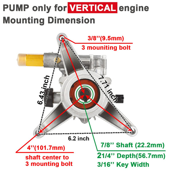 YAMATIC 7/8" Shaft Vertical Pressure Washer Pump 3000 PSI @ 2.5 GPM Replacement Pump for Power Washer Compatible with 308653045, 308653093, 308653052, 308653078, GCV190 Rear Inlet/Outlet  Washer Pump 2923VA-WFS